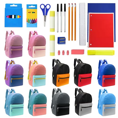 12 Packs 17" Bulk Backpacks with 34 Piece School Supply Kit, 12 Colors - color: 2 Tone, size: 34 Piece SS Kit
