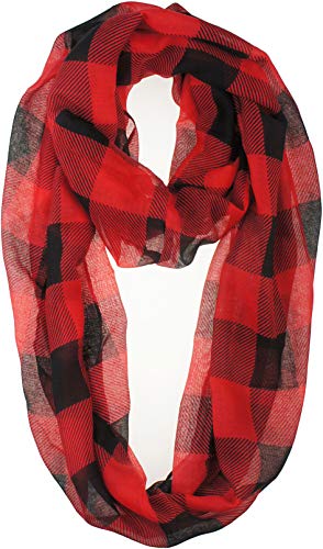 VIVIAN & VINCENT Scottish Fall Winter Soft Lightweight Plaid Check Tartan Sheer Infinity Scarf - color: Black and Red Buffalo Plaid