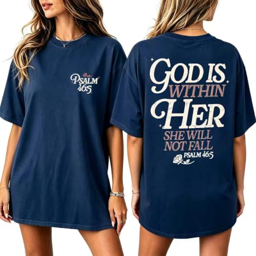 Muicy Womens Psalm 46 5 God is Within Her Christian Bible Verse Oversized T Shirt 2026 Summer - color: Navy, size: Medium