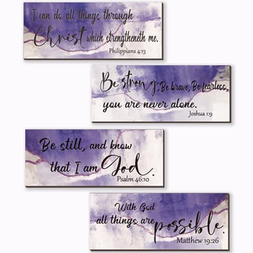 4 Pcs Purple Bathroom Decor Christian Wall Art Abstract Bible Verse Wall Decor Rustic Inspirational Wood Bathroom Accessories For Bedroom Kitchen Office(10 x 4 Inches, Purple) - color: Purple