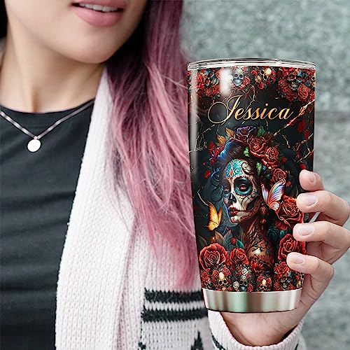 WAZONE Personalized Rose Skull Tumbler Cup I'm Not Sugar Spice Stainless Steel Insulated 20oz 30oz Travel Mug Halloween Gifts Things For Women Custom Name Keep Cold Hot Drinks - color: Skull