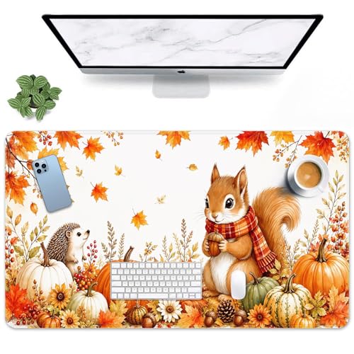 Britimes Large Mouse Pad, Mouse Pad, 31.5 x 15.7 Inch, Fall Woodland - color: Squirrel Hedgehog Pumpkin