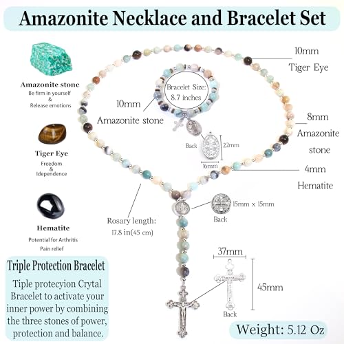Rosary for Men Women, Natural Stone Beads with St. Benedict Bracelet - color: Amazonite