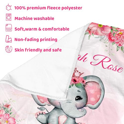 Personalized Baby Elephant Blanket for Girls with Name - color: Pink Elephant