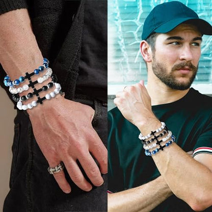 Mens Beaded Bracelets, 8MM Beaded Bracelets for Men, Natural Tiger Eye Bead Bracelet, Stretch Elastic Beads Bracelets for Men - color: White dragon blue volcanic