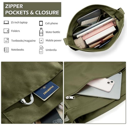 KALIDI Canvas Tote Bag Zipper Large Crossbody Shoulder Bag Messenger Bag - color: Army Green