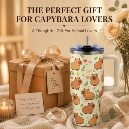 Capybara Tumbler 40 oz with Handle, Cute Capybara Gifts for Women Girls, Insulated Stainless Steel Cup with Straw, Funny Animal Lover Gift for Capybara Fans - color: Capybara1