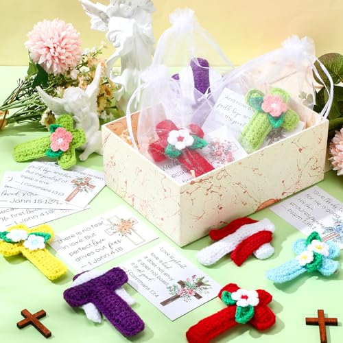 12 Sets Collectible Dolls Bulk Handmade Crochet Cross with Bible Prayer Cards for Women Church Religious Birthday Wedding Baptism Party Favors Stocking Stuffers Home Decor Gifts