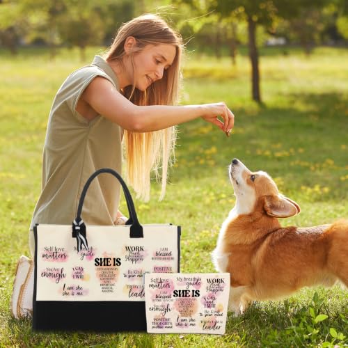 jeilink Inspirational Religious Gifts Boss Mom Birthday Christmas Tote Bag Canvas Reusable Grocery Beach Tote Black Pink - color: Self Care Positive 1715
