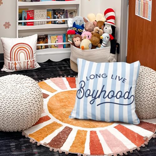 Boys Room Decor Pillow Covers 18x18, Long Live Boyhood Blue Striped Decorative Throw Pillow Covers Pillowcases for Kids Boy Nursery Room Bedroom Playroom Decor - color: 03-kidroom(7) Blue Striped