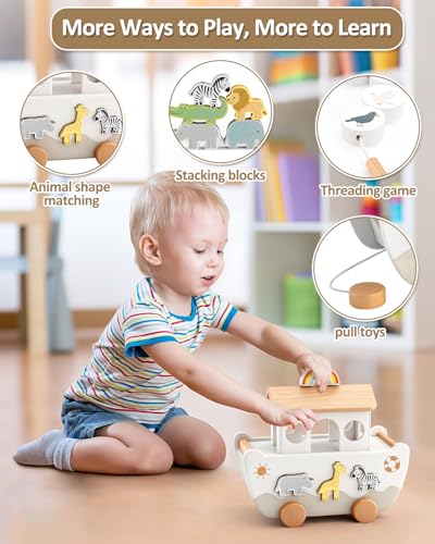 Wooden Noah's Ark Toy for Toddlers 1-3, Baptism Gift for Boys and Girls