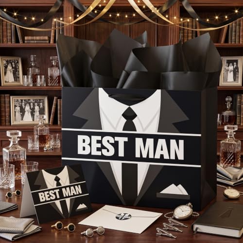Best Man Gift Bag Set for Men, Groomsmen Gift Proposal Bag with Tissue Paper Card Envelope Sticker for Wedding Groomsman Proposal, Bachelor Party, Groom Squad Invitation, Rehearsal Dinner Thank You Gifts