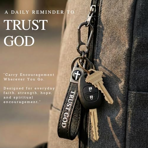 Christian Cross Leather Keychain for Men – Christian Gift for Dad Husband Son - color: Black – Trust God