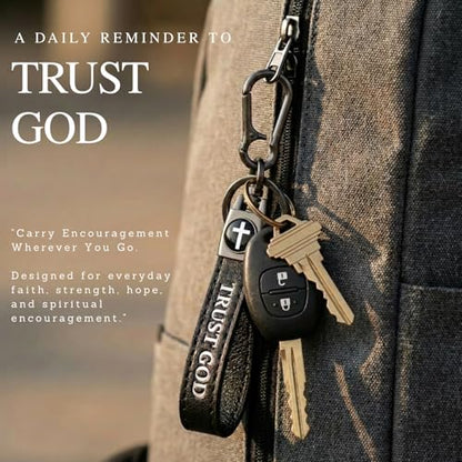 Christian Cross Leather Keychain for Men – Christian Gift for Dad Husband Son - color: Black – Trust God