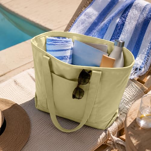 DALIX 20" Solid Color Cotton Canvas Shopping Tote Bag in Beige - color: Beige