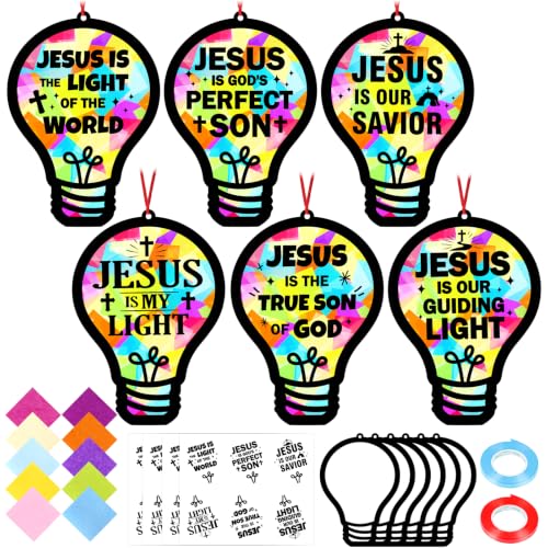 48PCS Sunday School VBS Crafts Bulk: Paper Lightbulb Cross Nativity Suncatchers, Religious Christian Activity DIY Kits Church Decorations, Window Stained Glass Effect Art Supplies(Jesus Style) - style: colorful bulb cross