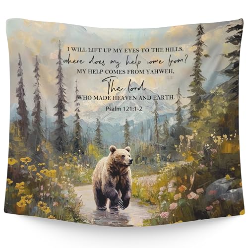 WAITPI Christian Woodland Mountain Hanging Wall Tapestry for Bedroom, Farmhouse Bear Forest Psalm 121:1-2 Bible Verse Scripture Wall Hanging Decor Tapestry for Home Living Room, 50x60in - color: hills, size: 60"L x 50"W