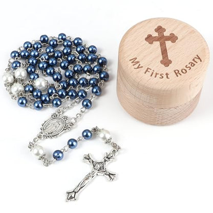 My First Rosary Baptism Gifts Rosary Catholic Keepsake Box for Baby Shower First Communion Christian Beads Gifting Set (Blue)