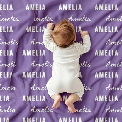 Ships Next Day, Personalized Baby Blanket with Name - Custom Newborn Hospital Swaddle Blanket, Super Soft Plush Flannel Baby Gift for Birth Announcement Shower Easter Gifts for Toddler Kids - color: Light Purple