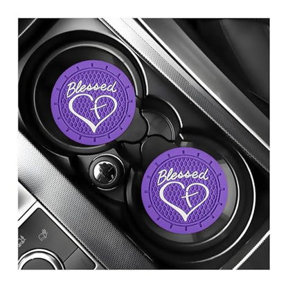 KVAEY 2 PCS Car Cup Holder Coasters, 2.76 Inch Anti Slip Vehicle Drink Mats with Cute Blessed Cross and Heart, Shockproof, Universal Car Accessories (Purple, 2 PCS) - color: Purple, size: 2 PCS