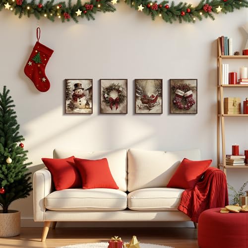 DOFQZ Vintage Christmas Wall Art Prints Set of 4, Rustic Red Christmas Decor, Farmhouse Holiday Winter Red Sleigh Stocking Wreath Snowman Posters for Home Living Room Bedroom Decor, 8x10 Unframed - color: 12Child, size: 8*10