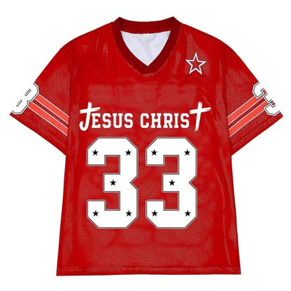 CHAIRAY Jesus Jersey Christian Football Jersey 33 Y2k Baggy Shirts Oversized V Neck Tee Tops for Women Men - color: 01 Red, size: Medium