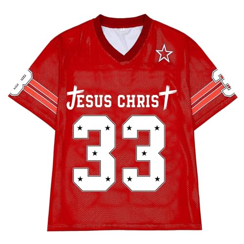 CHAIRAY Jesus Jersey Christian Football Jersey 33 Y2k Baggy Shirts Oversized V Neck Tee Tops for Women Men - color: 01 Red, size: Large
