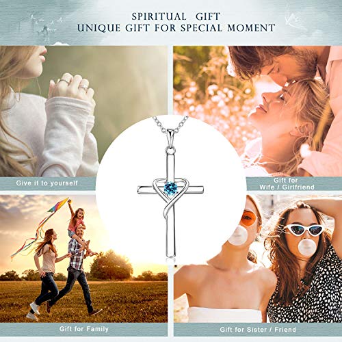 AmorAime 925 Sterling Silver Cross Necklace for Women Men 14K Gold Plated 5A CZ Birthstone Necklaces for Holiday - color: C.Blue-March