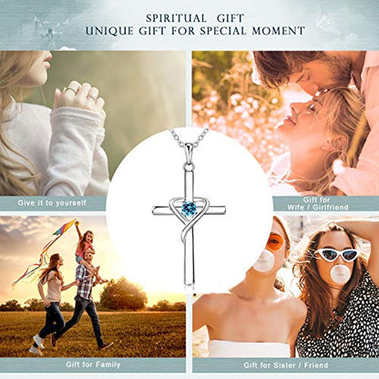 AmorAime 925 Sterling Silver Cross Necklace for Women Men 14K Gold Plated 5A CZ Birthstone Necklaces for Holiday - color: C.Blue-March