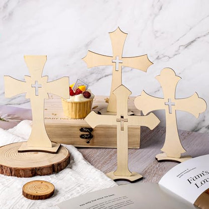 24 Pcs Wooden Crosses for Crafts 4 Styles Unfinished Catholic Wooden Crosses Bulk with Stands Cross centerpieces for Tables Wood Standing Cross for First Communion Baptism Easter Decor