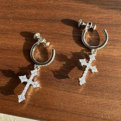 Sterling Silver Cross Drop Earrings, Cubic Zirconia Huggie Hoop, Religious Dangle Crystal Jewelry ER110