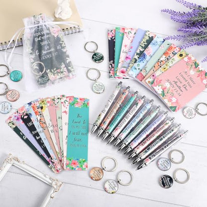 Jetec 150 Bible Verses Gift Set for 30 Christian Bookmarks 30 Scripture Ballpoint Pens 30 Christian Notebooks 30 Bible Verse Keychain 30 White Organza Bags for Women Men Office Church(Flower) - style: Flower