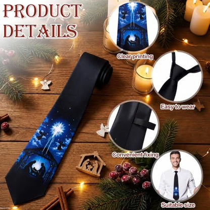 Christmas Nativity Ties Religious Necktie for Men Manger Scene Tie Religious Necktie for Celebrations - color: Blue, style: Nativity Scene