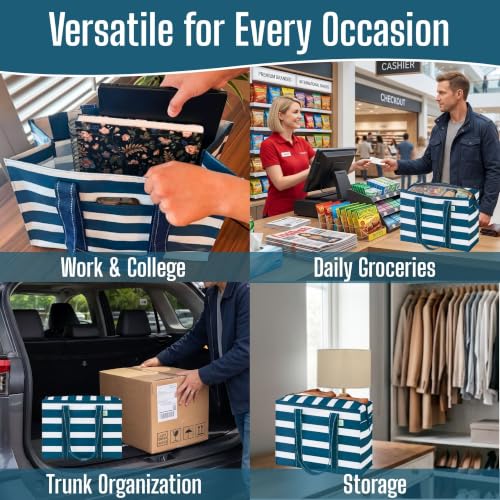 VENO 2 Pack Utility Tote Reusable Grocery Bags with Zipper & Hard Bottom - color: Classic Navy Stripe, size: 2 Pack