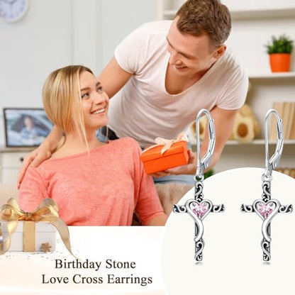 TOUPOP Cross Birthstone Earrings 925 Sterling Silver Heart Cross Dangle Earrings Fine Jewelry Christmas Birthday Gifts for Women Wife Mom Her - color: White Gold-10-October-Pink Tourmaline
