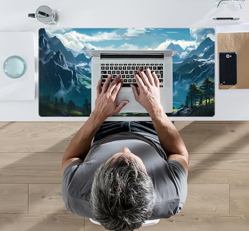 Aesthetic Mountain Vista Desk Mat, Blue Natural Wonder XXL Large Extended Gaming Mouse Pad Mat Non-Slip Mousepad, Computer Keyboard and Mouse Mat, Desk Pad with Stitched Edges, 31.5x15.75 in - color: Blue Mountain Vista