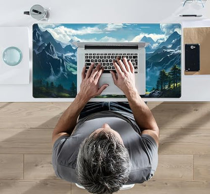 Aesthetic Mountain Vista Desk Mat, Blue Natural Wonder XXL Large Extended Gaming Mouse Pad Mat Non-Slip Mousepad, Computer Keyboard and Mouse Mat, Desk Pad with Stitched Edges, 31.5x15.75 in - color: Blue Mountain Vista