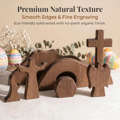 Wooden Empty Tomb Easter Scene Cross Decoration, 7-Piece Jesus Resurrection Nativity Set, Religious Christian Tabletop Decor for Home Office Church