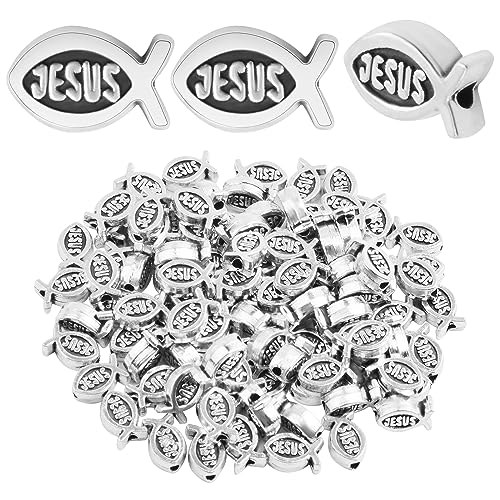 100pcs Jesus Fish Spacer Beads Religious Charm Beads Tibetan Alloy Christian Fish Shape Loose Beads for DIY Bracelet Necklace Jewelry Making Supplies - color: Antique Silver