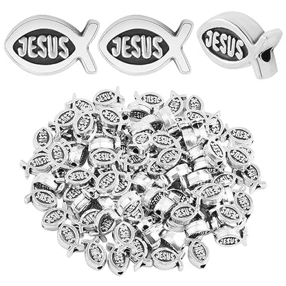 100pcs Jesus Fish Spacer Beads Religious Charm Beads Tibetan Alloy Christian Fish Shape Loose Beads for DIY Bracelet Necklace Jewelry Making Supplies - color: Antique Silver