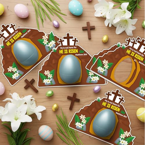 BeYumi Easter Eggs Craft Kit - 90Pcs Easter Silver Plastic Egg with HE IS RISEN Empty Tomb Cards Wooden Cross Christian Jesus Resurrection Kit Sunday School Church Party Basket Stuffers Gift for Kids