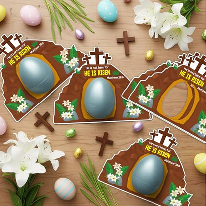 BeYumi Easter Eggs Craft Kit - 90Pcs Easter Silver Plastic Egg with HE IS RISEN Empty Tomb Cards Wooden Cross Christian Jesus Resurrection Kit Sunday School Church Party Basket Stuffers Gift for Kids