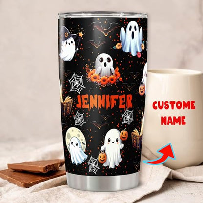 Personalized Ghost Halloween Tumbler Custom Name Boo Travel Mug Coffee Insulated Cup with Lid Stainless Steel 20Oz 30Oz Gifts for Women Girls Spooky Season - color: Halloween 568