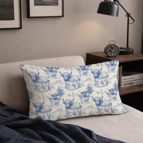Highland Cow Throw Pillow Covers 12x20 Inch, Blue and White Floral - color: Cow