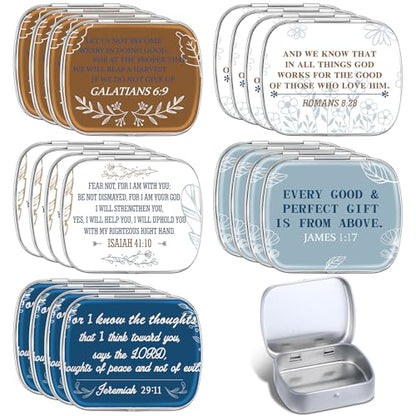 Willinglong 20 Pcs Metal Bible Mint Tins 5 Style Small Christian Gifts Box Bulk for Good Friday Easter Sunday School Vbs Giveaways Thanksgiving Bible Verse Metal Box for Candy Jewelry Crafts Storage