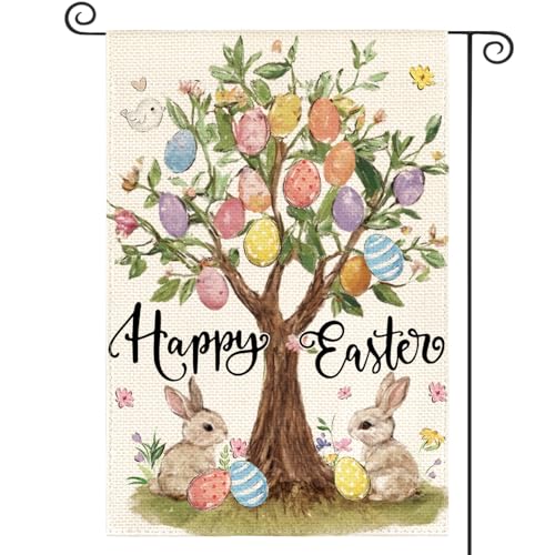 AVOIN colorlife Happy Easter Egg Tree Bunnies Garden Flag 12x18 Inch - size: Garden Size-12 x 18"