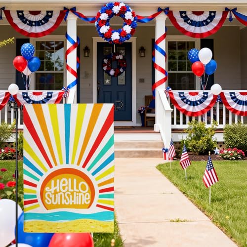 Hello Sunshine Summer Garden Flag Double Sided Burlap 12x18in - color: Orange Hello Sunshine