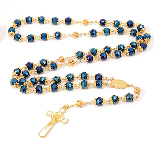Nazareth Store St. Benedict Deep Blue Crystal Beads Rosary Prayer Necklace Golden Miraculous Medal & Gold Enamel Cross - color: Deep Blue