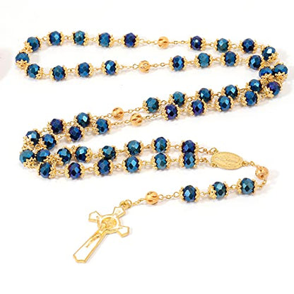 Nazareth Store St. Benedict Deep Blue Crystal Beads Rosary Prayer Necklace Golden Miraculous Medal & Gold Enamel Cross - color: Deep Blue