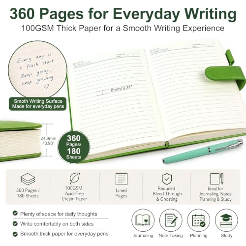 A5 Leather Journal for Women Men, Hardcover Notebook Set with Pen, green - color: green
